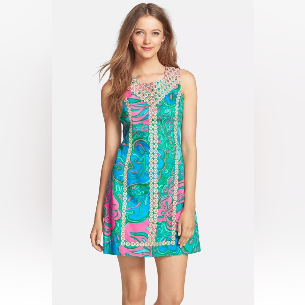Lilly Pulitzer Macfarlane‎ Shift Dress Lilly Lounge Gold Embroidered Sz 8 NEW